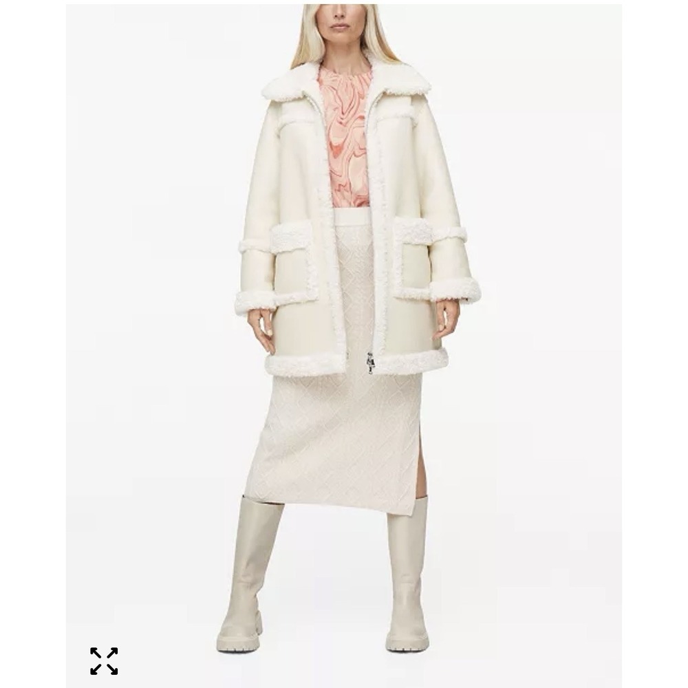 Mango Faux-Shearling Leather-Effect Coat Cream Sz XL